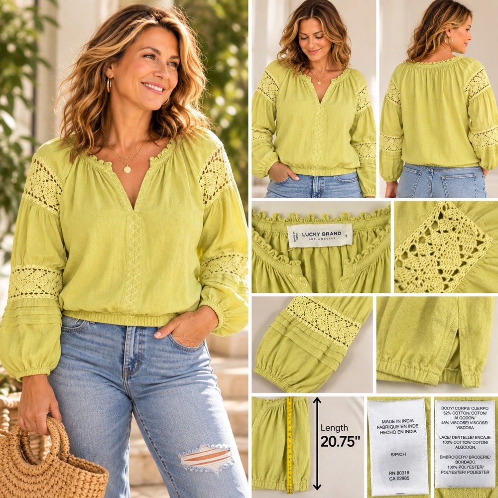 Lucky Brand Crochet Peasant Blouse Citron Yellow Boho Lace Balloon Sleeve S